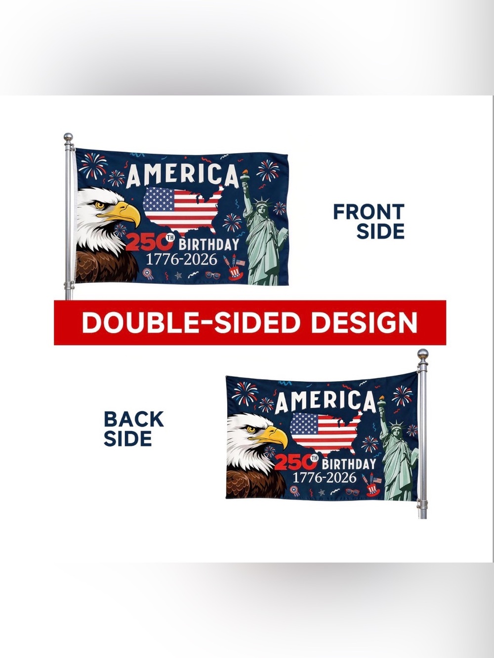 America 250th Birthday Flag - Patriotic Eagle & Statue of Liberty - Picture 3 of 3